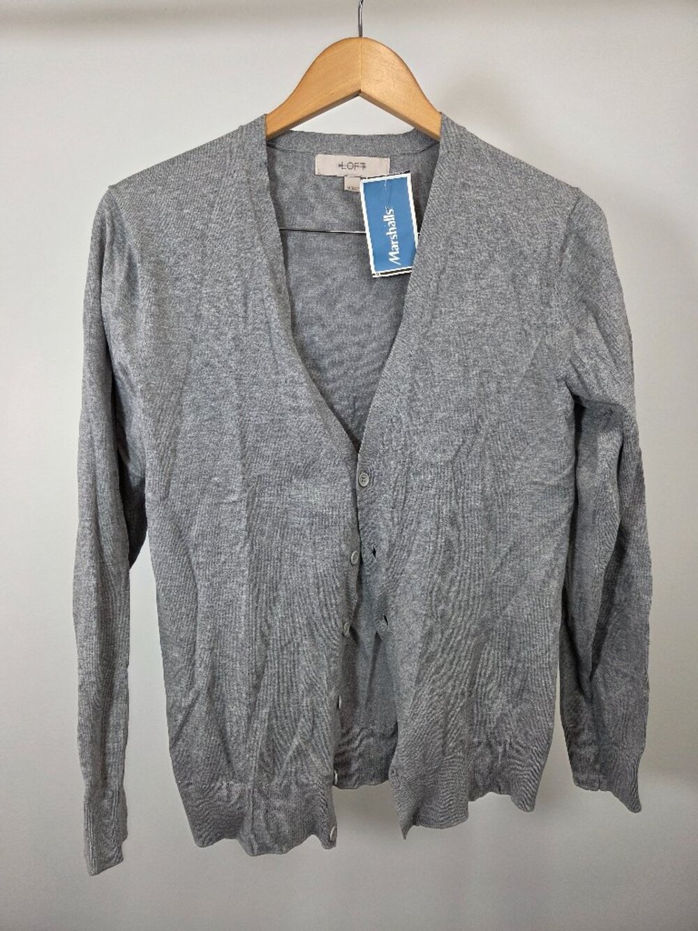 LOFT Cardigan Sweater Women’s Medium Gray 100% Cotton V-Neck Button Front Knit
